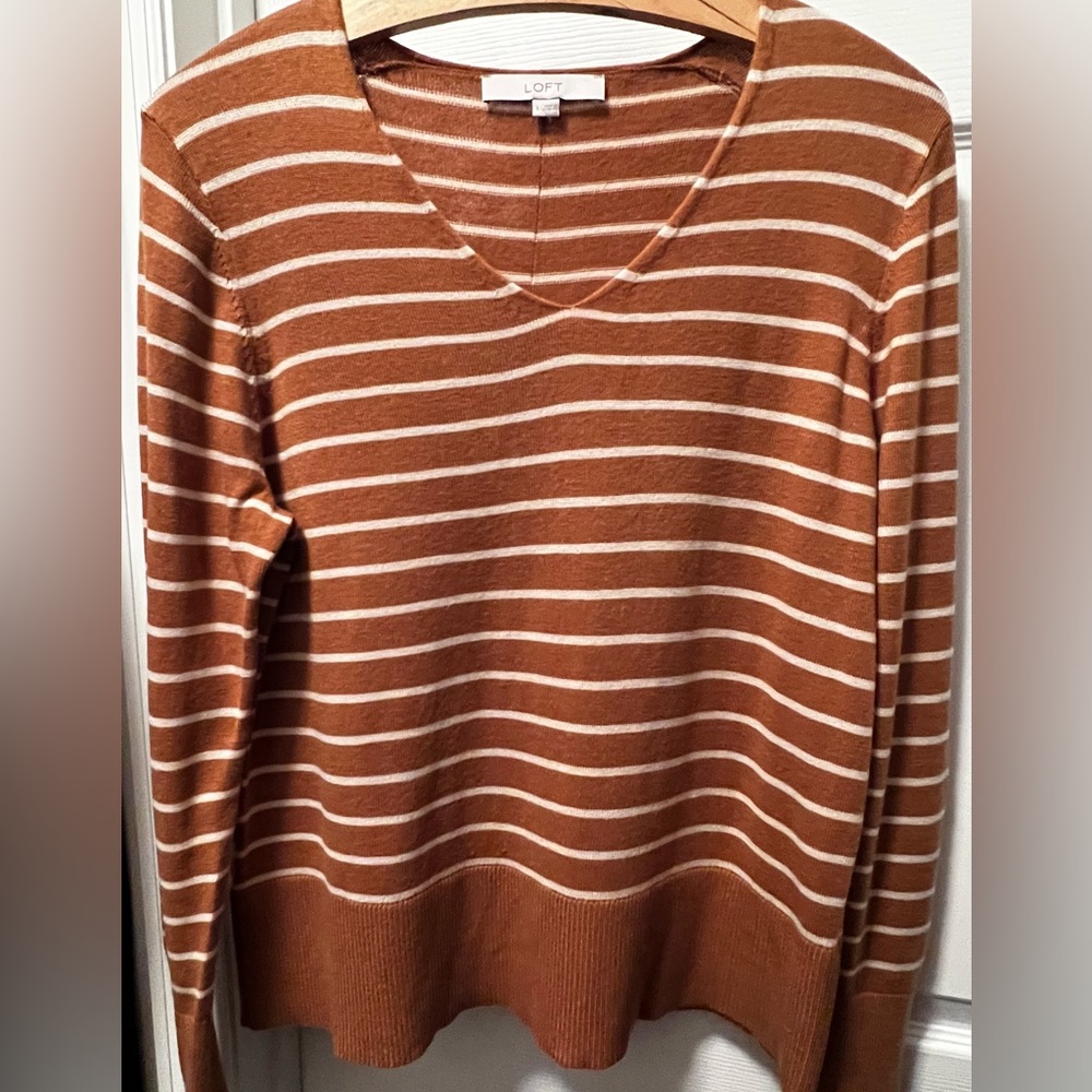 Loft size large mustard and white stripe sweater